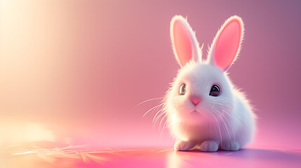 Fototapeta premium A 3d illustration of a cute fluffy white Easter bunny on a pink background