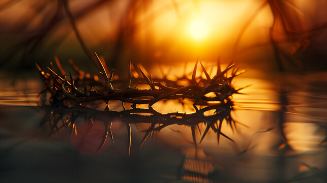 A crown of thorns lying on the water, sunset light. Good Friday design concept 