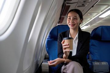 beautiful young asian woman sits in a plane and looking outside