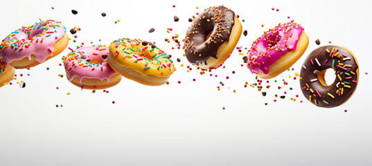 Flying delicious donut with sprinkles on white background