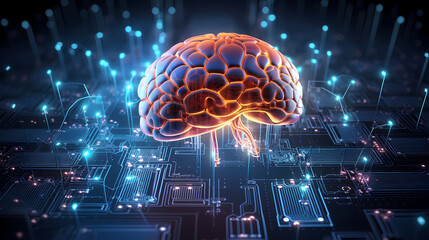 Particles connected in shape of human brain, connection network, artificial intelligence or brain computer interface concept