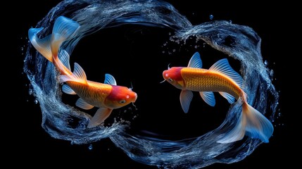 two koi fish swimming in a circle in a dark background. forming a yin and yang symbol - obrazy, fototapety, plakaty