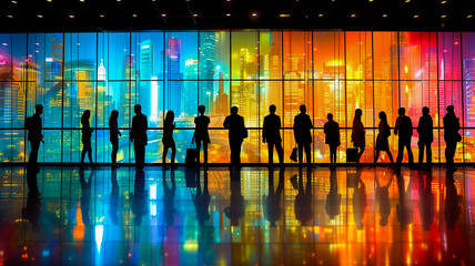 Silhouettes of business people standing in front of colorful city skyline windows reflecting on glossy floor - obrazy, fototapety, plakaty