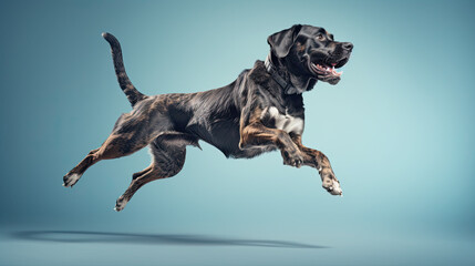 Happy leaping dog in air on pastel blue background