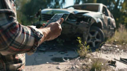 Fototapeta premium Young man uses a mobile phone to call the mechanic while looking at broken down car on road.