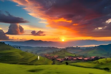 Kisoro Uganda beautiful sunset over mountains and hills of pastures and farms in villages of Uganda. Amazing colorful sky and incredible landscape to travel and admire the beauty of nature in Generati - obrazy, fototapety, plakaty