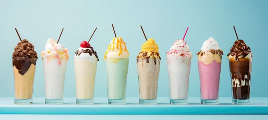 Wandaufkleber Ice cream milkshakes arranged in a row on pastel blue background on pastel blue background ©  Mohammad Xte