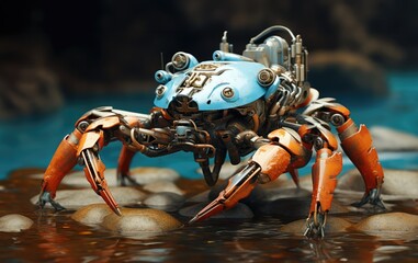 Robot crab on the seashore among the rocks.