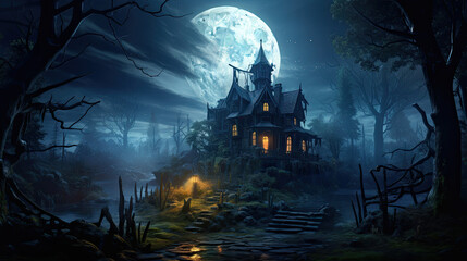 Haunted halloween house in the woods with moonlight