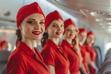 In their matching uniforms, the stewardesses presented a professional image for the airline