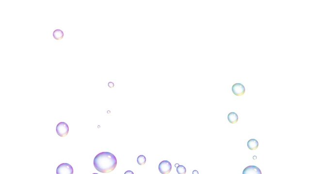 Round soap bubbles (bubbles) reflected in a rainbow pattern float in the air and move around freely(white background). 虹模様に輝くシャボン玉（泡）のアニメーション背景素材。 白背景。