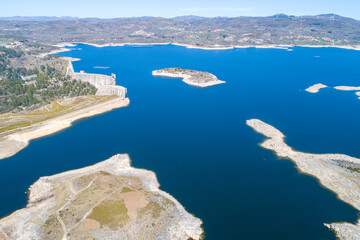 aerial view from a drone of the Pisoes Alto Rabagao reservoir, northern Portugal. Montalegre...