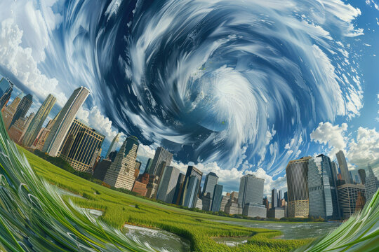 A surreal rendering of the city skyline with buildings bending like grass in the wind. Under the swirling and lively sky Shows the adjustment in the city. by AI generated image