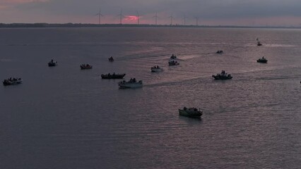 Aerial view of start of a fishing event in the morning, Hollands diep, Zeeland, Netherlands