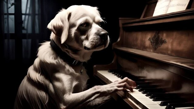 An imaginative depiction of a dog playing the piano, suggesting a blend of human characteristics with animal talent. The image is rich with emotion and artistic creativity, merging the worlds of music