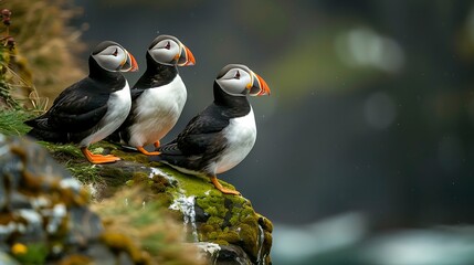 Fototapeta premium Black and white atlantic puffin birds sit on green rocky shore against of the sea in Iceland