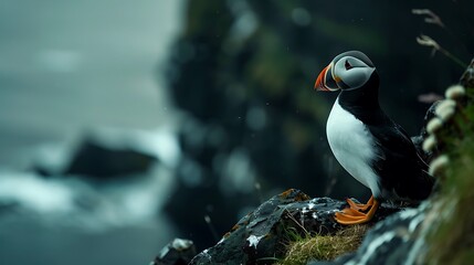 Black and white atlantic puffin birds sit on green rocky shore against of the sea in Iceland - obrazy, fototapety, plakaty