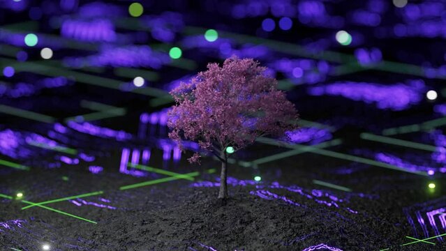 A lone tree stands amidst glowing purple digital lines on a dark surface, symbolizing nature meets technology.