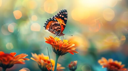 butterfly on flower on blurred floral background