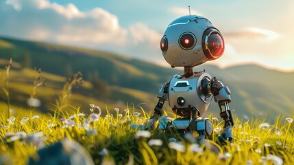 Słodki mały robot siedzi na polu trawy w wiosennym krajobrazie. - obrazy, fototapety, plakaty