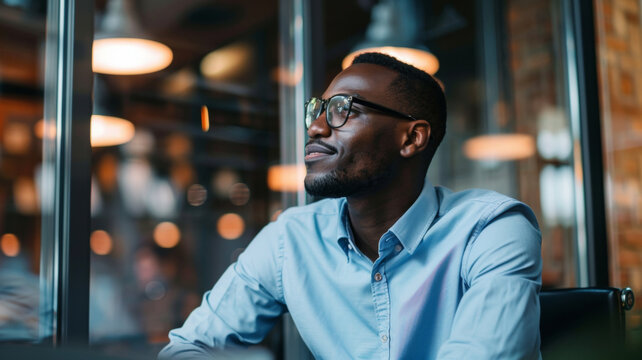 Hopeful man gazes out of a cafe window, absorbed in thought and the glow of city life.