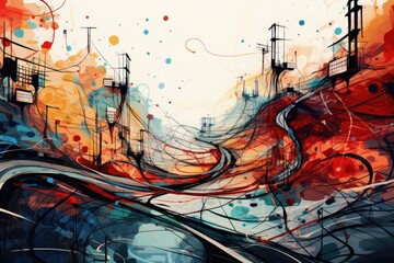 A detailed painting of a city skyline with numerous electrical wires. Suitable for urban-themed projects
