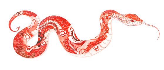 Chinese New Year 2025 Zodiac Snake. Chinese traditional art drawing of red and white snake with floral ornament on skin