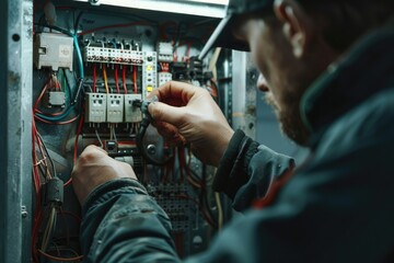 A man is pictured working on an electrical panel. Suitable for industrial and maintenance concepts
