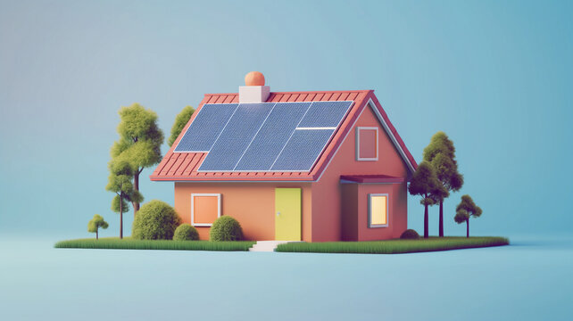 A quaint 3D-rendered house with solar panels on the roof, sits isolated on a small grass patch, under a clear blue sky.