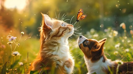 cute fluffy friends a cat and a dog catch a flying butterfly in a sunny summer garden