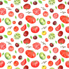Tomatoes seamless pattern. Red, yellow, green farm vegetables. Digital paper pack. Stock illustration. Hand painted in watercolor.
