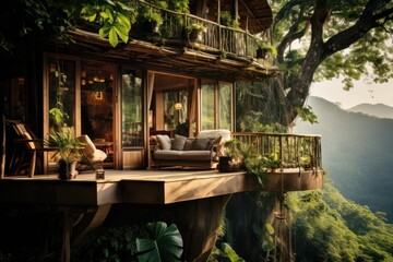 Fototapeta na wymiar Luxury villa in the jungle with a beautiful view. Nature and tourism concept.