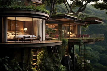 Fototapeta premium Modern cozy chalet on a mountain in the forest. Unity with nature, ecohotel. Eco tourism concept