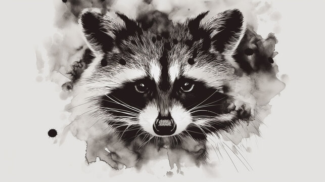 A raccoon face depicted in black and white with watercolor-like stains evoking the aesthetic. Image that can be printed on t-shirts, paintings, hats and bags.