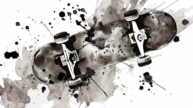 A skateboard depicted in black and white with watercolor-like stains evoking the aesthetic. Image that can be printed on t-shirts, paintings, hats and bags.