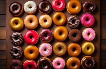 Fototapeta premium A lot of sweet donuts in multicolored glaze are lying on a brown board, top view.