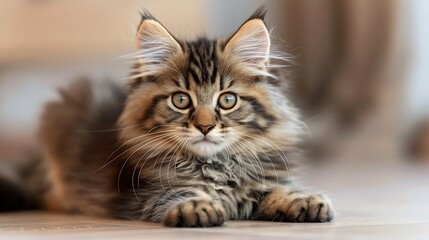 Cute kitten of Norwegian Forest Cat breed - obrazy, fototapety, plakaty