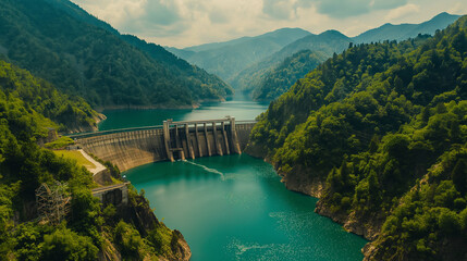 Obraz na płótnie Canvas An aerial view of a hydroelectric dam nestled in a verdant mountain valley, its massive structure harnessing the power of a river.