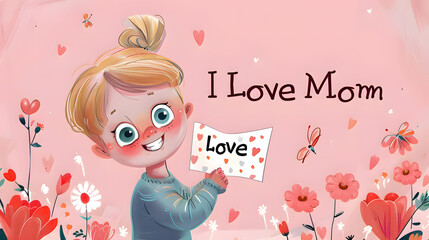 Adorable Child Celebrating Mother's Day, Love Expression on Pink Floral Background