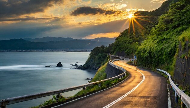 日本の夕焼けの海沿いの公道