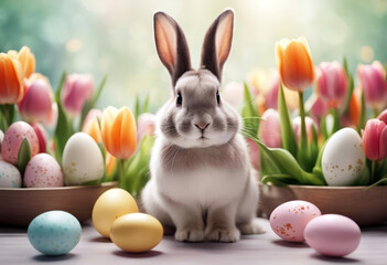 tulips pot eggs bunny Watercolor cute easter Rabbit Egg Illustration Spring Basket White Tulip...