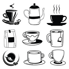 Doodle style vector illustration set with simple drawings of coffee mugs coffee grains