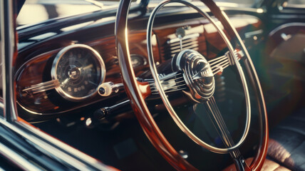 Vintage car elegance: gleaming wood grain wheel embraces a journey through time.