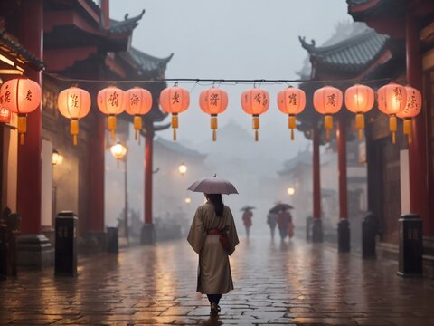 "Rainy Evening Stroll: Serenity in an Ancient Chinese Cityscape"
