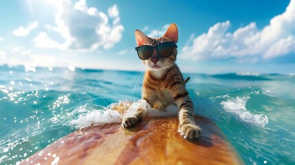 Fearless striped cat surfer in sunglasses on a board on a wave in the ocean - obrazy, fototapety, plakaty