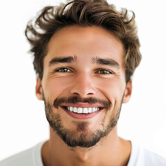 Portrait of a smiling man showing teeth with a white background headshot