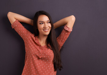 Mockup, fashion and woman in studio background, pride and cool for trendy style. Female model, smile and confidence with happiness, stylish and edgy girl in casual outfit or clothes from mexico