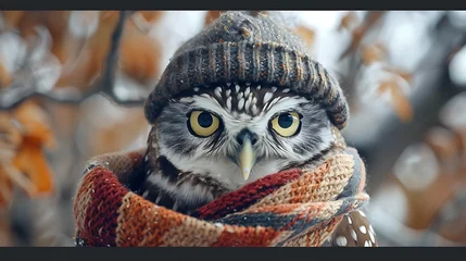 Kissenbezug Funny portrait of an owl in a knitted hat and scarf © Robert