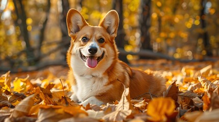 Happy dog of welsh corgi pembroke breed among fallen leaves in autumn