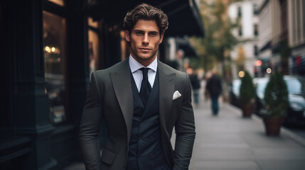 Handsome man wearing classic suit in the city